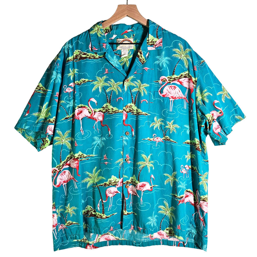 Vintage Paradise‎ Found Flamingo Hawaiian Shirt 1X XL Teal Green Pink